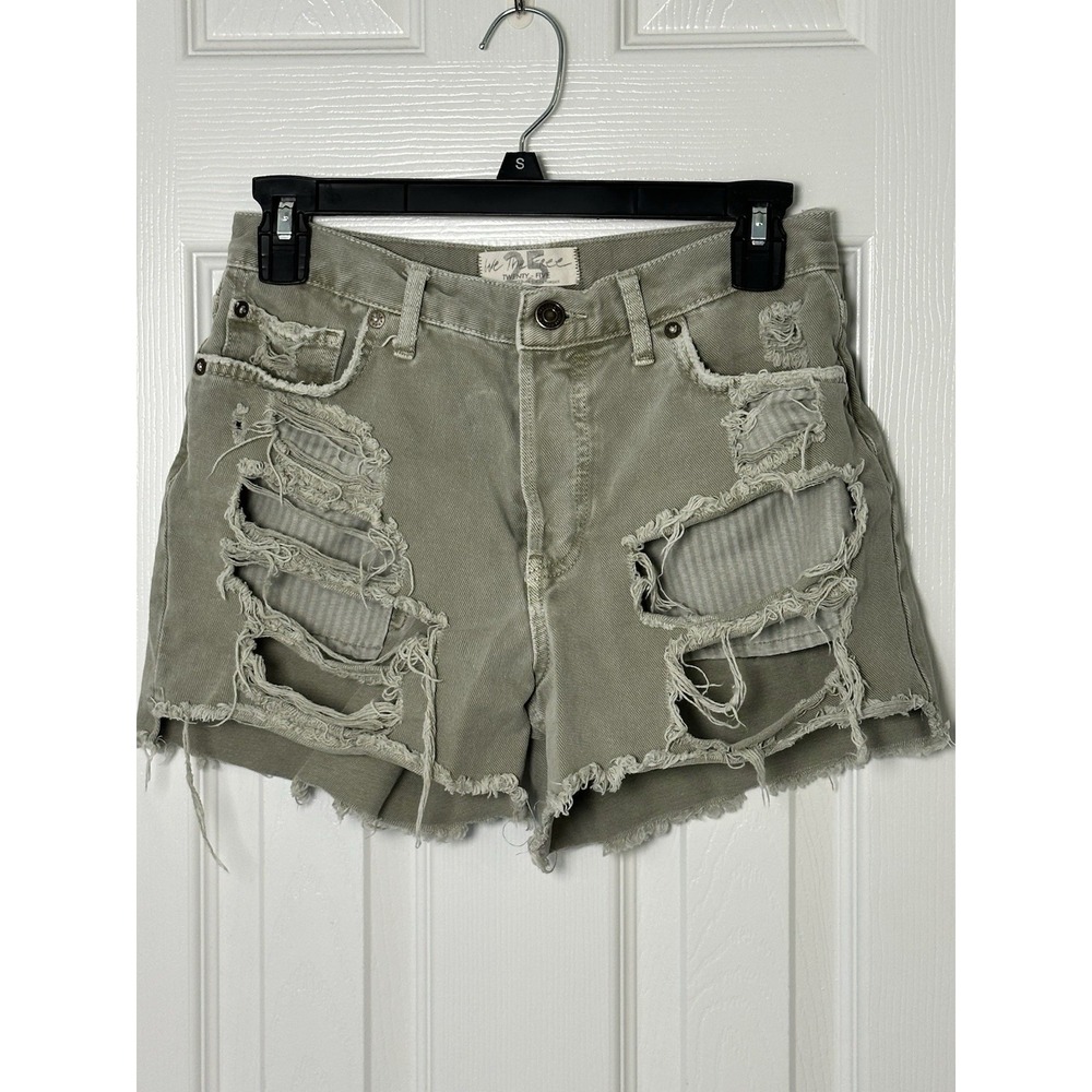 Free People Maggie Mid‎ Rise Distressed Denim Shorts Olive Green Women's Size 25
